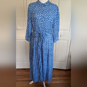 Zara Blue and White Long Sleeve Dress with Self Belt and Pockets